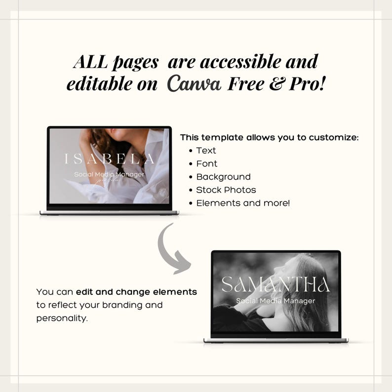 Puede incluir: Dos port&aacute;tiles muestran una plantilla de marketing digital. El texto dice "ALL pages are accessible and editable on Canva Free & Pro!" y "You can edit and change elements to reflect your branding and personality."