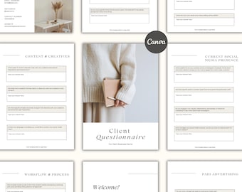 Cuestionario de incorporación a redes sociales: Formulario de admisión de clientes. Plantilla editable de Canva (descarga digital).