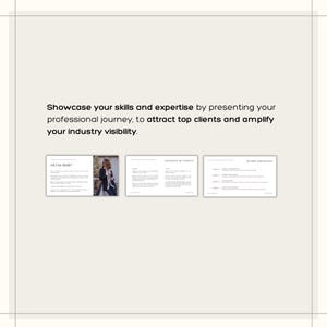 Puede incluir: Un dise&ntilde;o de presentaci&oacute;n con tres secciones. La primera secci&oacute;n dice "Hi I'm Belle!" e incluye una foto de una persona. La segunda secci&oacute;n se titula "Mission & Vision". La tercera secci&oacute;n se titula "Work Process". El texto en la parte superior dice "Showcase your skills and expertise by presenting your professional journey, to attract top clients and amplify your industry visibility."