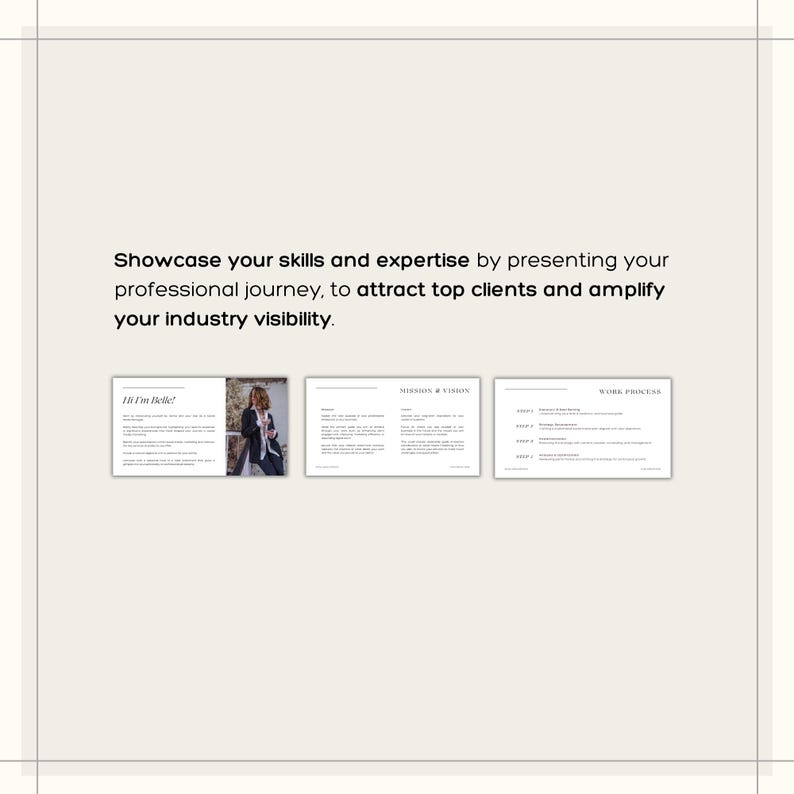 Puede incluir: Un dise&ntilde;o de presentaci&oacute;n con tres secciones. La primera secci&oacute;n dice "Hi I'm Belle!" e incluye una foto de una persona. La segunda secci&oacute;n se titula "Mission & Vision". La tercera secci&oacute;n se titula "Work Process". El texto en la parte superior dice "Showcase your skills and expertise by presenting your professional journey, to attract top clients and amplify your industry visibility."