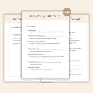 May include: A stack of beige and white paper documents titled "Discovery Call Script" in a serif font. The document includes sections on introductions, call structure, and key notes. The Canva logo is visible.