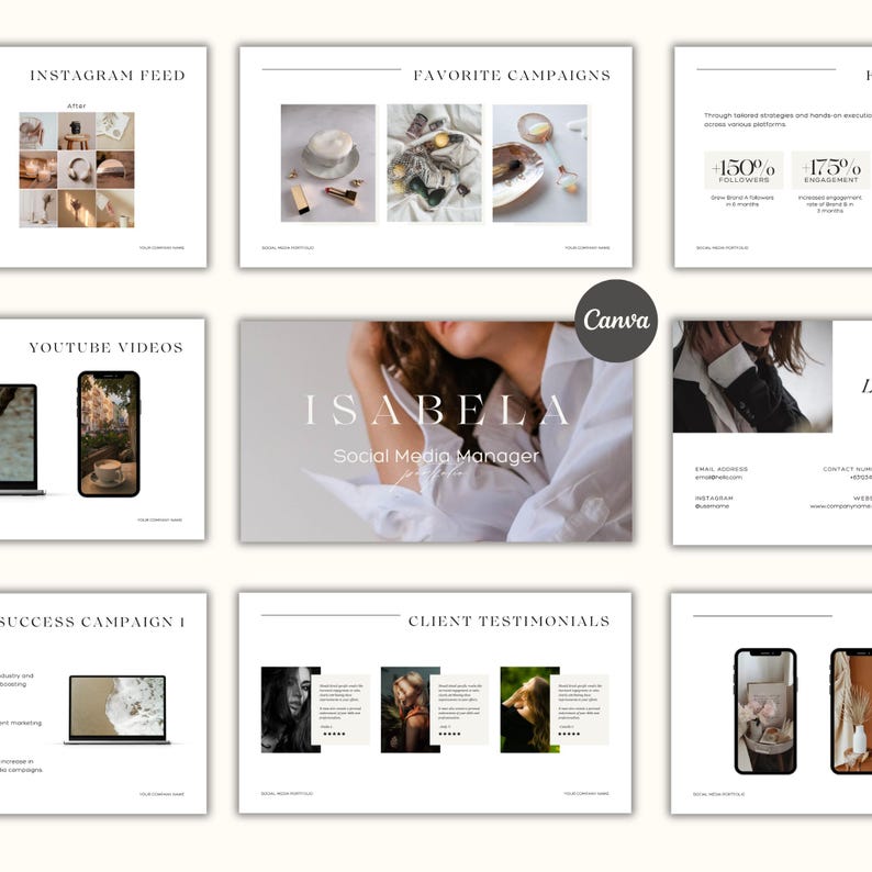 Puede incluir: Una presentaci&oacute;n de portafolio de marketing digital con un dise&ntilde;o limpio y minimalista. Las diapositivas presentan im&aacute;genes, texto y gr&aacute;ficos, incluido el nombre "ISABELA, Social Media Manager". La presentaci&oacute;n incluye secciones sobre Instagram, YouTube y testimonios de clientes.