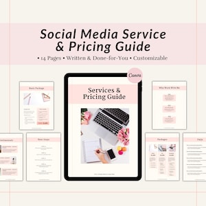 Guia de preços e serviços de mídia social, lista de preços, modelo de gerente de mídia social, proposta de pacote de mídia social, modelo de folheto para novo cliente