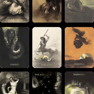 Puede incluir: Un conjunto de nueve cartas de tarot con ilustraciones en tonos sepia. Cada carta presenta una imagen &uacute;nica con t&iacute;tulos como "Impotencia", "Ternura" y "Orfeo". La obra de arte tiene un estilo vintage y art&iacute;stico, con detalles dorados.