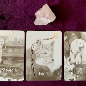 May include: Three cards from a deck of animal oracle cards. The cards are laid out in a row from left to right. The first card is Child 13, and features a black and white image of a young boy. The second card is Fox 14, and features a black and white image of a fox. The third card is Bear 15, and features a black and white image of a mother bear and her cub.