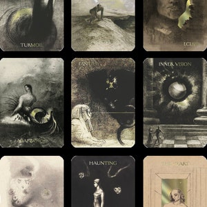 Puede incluir: Un conjunto de nueve cartas de tarot con ilustraciones monocrom&aacute;ticas. Cada carta presenta un dibujo &uacute;nico con t&iacute;tulos como "Turmoil", "Cloud" y "Eclipse". La obra de arte tiene un estilo vintage y art&iacute;stico, con sombreado detallado e im&aacute;genes simb&oacute;licas.