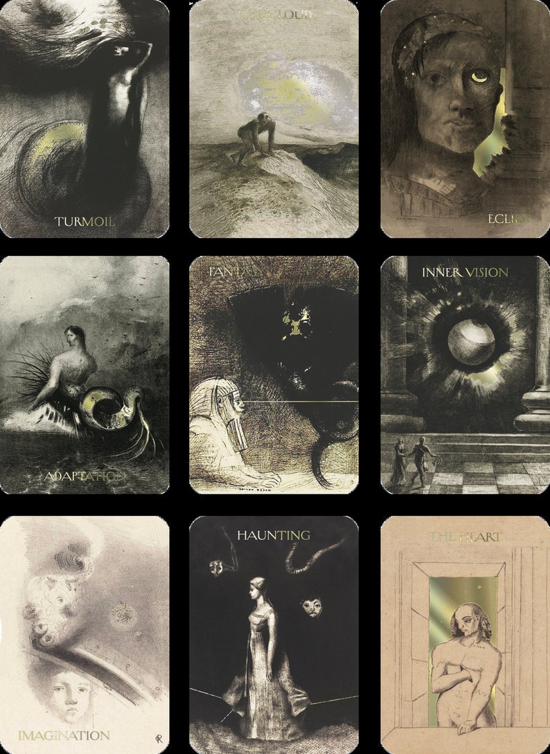 Puede incluir: Un conjunto de nueve cartas de tarot con ilustraciones monocrom&aacute;ticas. Cada carta presenta un dibujo &uacute;nico con t&iacute;tulos como "Turmoil", "Cloud" y "Eclipse". La obra de arte tiene un estilo vintage y art&iacute;stico, con sombreado detallado e im&aacute;genes simb&oacute;licas.