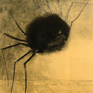 Puede incluir: Ilustraci&oacute;n de una ara&ntilde;a negra con patas largas y delgadas y un cuerpo peludo sobre un fondo dorado. El texto "THE SPIDER" est&aacute; en la parte inferior de la imagen. La ara&ntilde;a tiene una peque&ntilde;a cara sonriente.