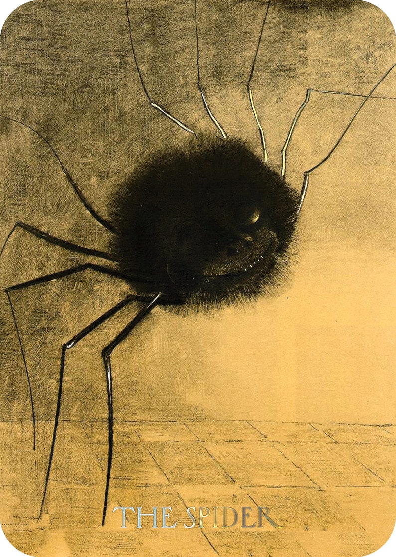 Puede incluir: Ilustraci&oacute;n de una ara&ntilde;a negra con patas largas y delgadas y un cuerpo peludo sobre un fondo dorado. El texto "THE SPIDER" est&aacute; en la parte inferior de la imagen. La ara&ntilde;a tiene una peque&ntilde;a cara sonriente.