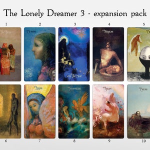 May include: Ten cards with colorful, surrealist paintings. Each card has a number and a title. The titles include "The Jester", "Vision", "The Star", "Obligation", "Yearly", "Vision", "The Tower", "Transformation", "Nature", and "Vision".