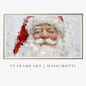 Op de afbeelding: Een close-up van een schilderij van Sinterklaas met een witte baard en een rode muts. De achtergrond is wit met een textuur van penseelstreken. Het schilderij is ingelijst in een gouden lijst. De tekst "TW FRAME ART | MASSI MOTTI" staat onder het schilderij.
