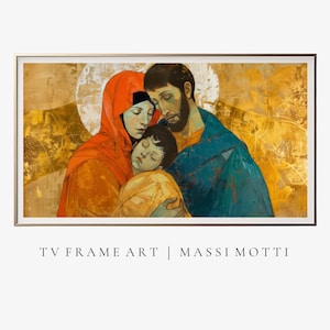 Könnte beinhalten: Ein Gemälde einer Familie, eine Frau in einem roten Gewand, ein Mann in einem blauen Gewand und ein Kind in einem gelben Gewand, vor einem goldenen Hintergrund.