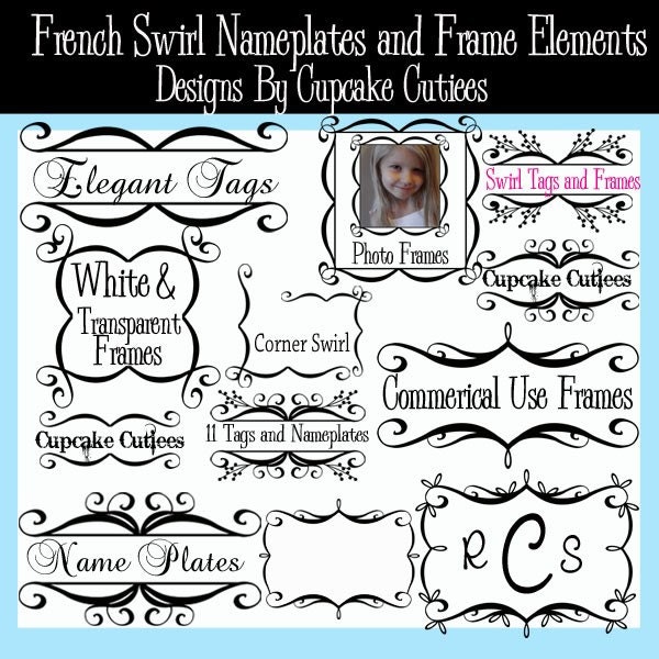 French Swirl Nameplates Frames and Tags  Digital Clipart Elements Commercial use for paper, digital , invites, and web design