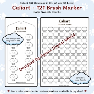 Caliart 121 Brush Marker Color Swatch Chart – Cloud + Grid Design - DIN A4 + US Letter Sizes - Instant Download