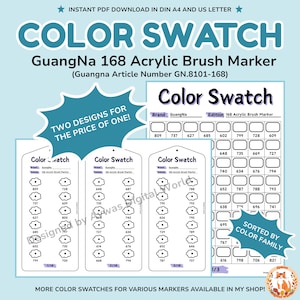 GuangNa Acrylic Brush Marker 168 (GN.8101-168) Color Swatch Chart – Cloud + Grid Designs – DIN A4 + US Letter Sizes - Instant Download