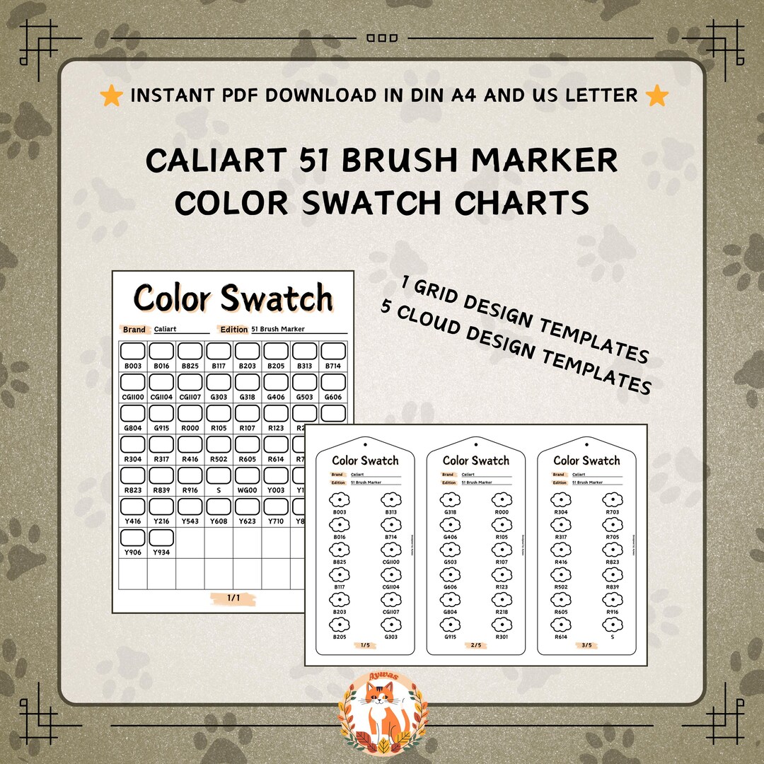 Caliart 51 Brush Marker Color Swatch Chart – Cloud + Grid Designs ...