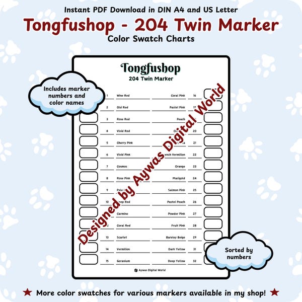 Tongfushop 204 Twin Markers Kleurenkaart – Tafelontwerp - DIN A4 + US Letter formaten - Direct te downloaden