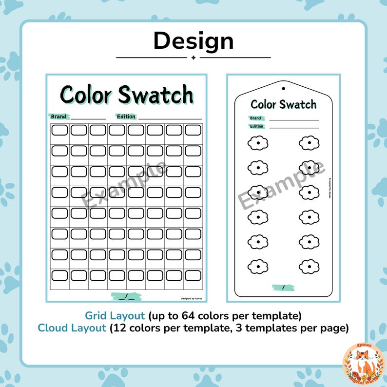 Caliart 121 Brush Marker Color Swatch Chart Cloud + Grid Designs