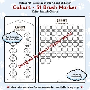Caliart 51 Brush Marker Color Swatch Chart – Cloud + Grid Design - DIN A4 + US Letter Sizes - Instant Download