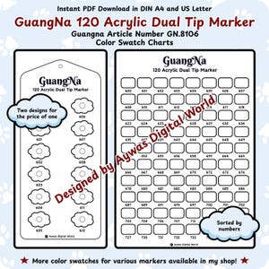Marcador acrílico de doble punta GuangNa 120 (GN.8106) Tabla de muestras de colores: Diseño de nube y cuadrícula - Tamaños DIN A4 y carta estadounidense - Descarga instantánea