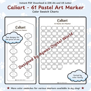 Tabla de muestras de color del marcador artístico pastel Caliart 61: diseño de nube y cuadrícula - Tamaños DIN A4 y carta estadounidense - Descarga instantánea