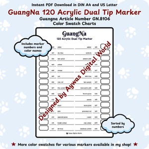 Puede incluir: Una tabla de muestras de color para los rotuladores de doble punta acrílica GuangNa 120. La tabla incluye números de rotuladores y nombres de colores, ordenados por números. Los colores incluyen blanco, azul cielo, verde lago, amarillo, naranja, rojo, rosa, lila, etc. Descarga PDF.
