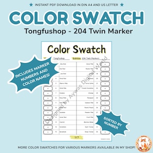 Tongfushop 204 Twin Markers Color Swatch Chart - Design de mesa - PDF para impressão - Tamanhos A4 e Carta dos EUA - Download instantâneo