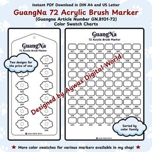 GuangNa Acryl Brush Marker 72 (GN.8101-72) Kleurenkaart – Wolk- en rasterontwerp - DIN A4 + US Letter formaten - Direct te downloaden