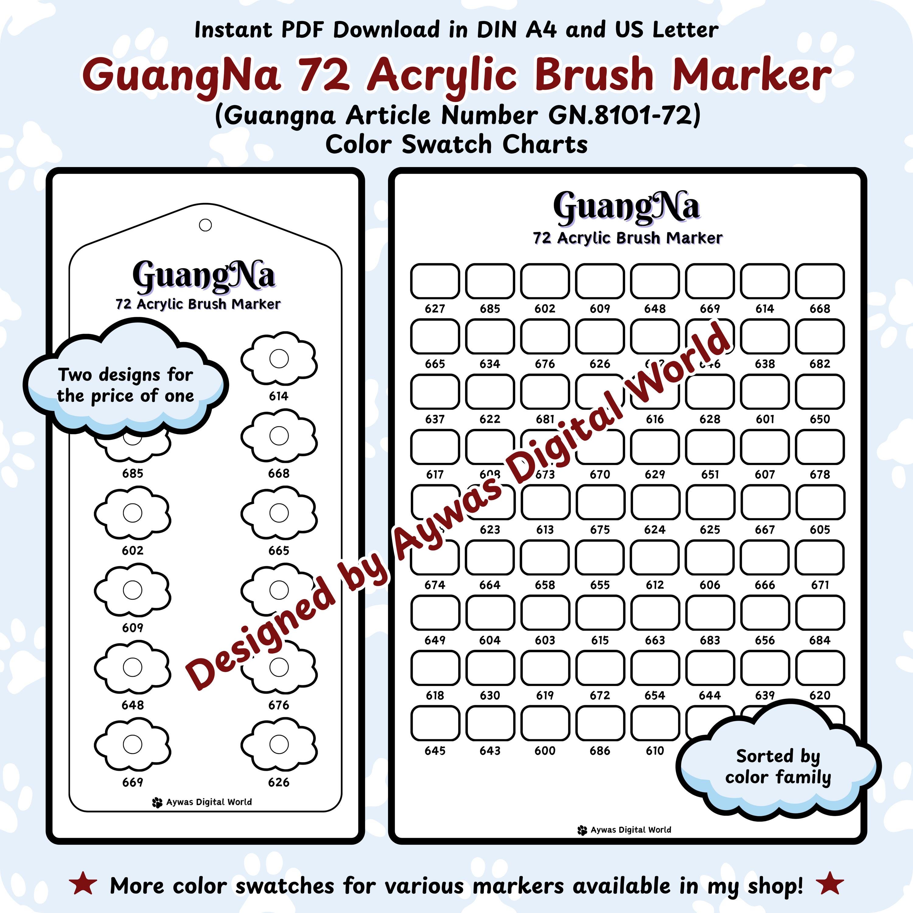 Guangna Acrylic Brush Marker 72 (GN.8101-72) Color Swatch Chart