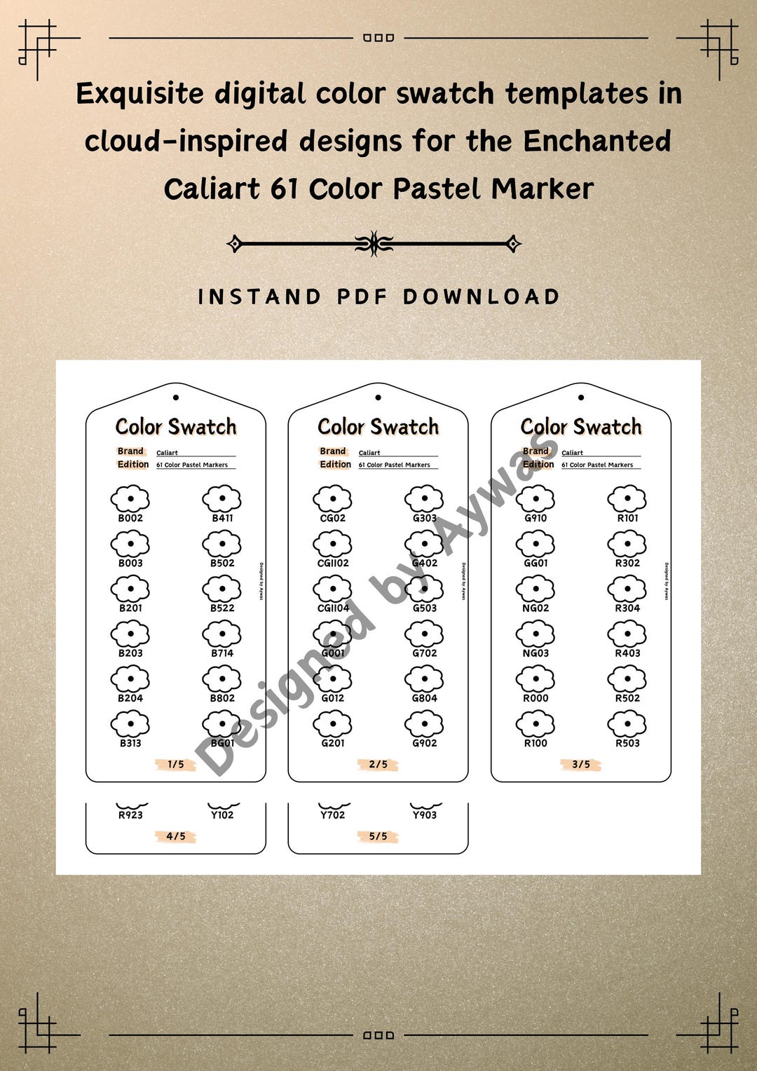 Caliart Color Swatch Templates 61 Color Pastel Markers Cloud Design DIY