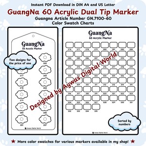 GuangNa Acrylic Marker 60 (GN.7100-60) Color Swatch Chart – Cloud + Grid Design - DIN A4 + US Letter Sizes - Instant Download