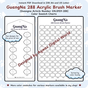 Puede incluir: Una tabla de muestras de color imprimible para los rotuladores de pincel acrílico GuangNa 288. La descarga en PDF incluye dos diseños, uno con muestras de color en forma de flor y otro con muestras rectangulares. La tabla está ordenada por familia de colores.