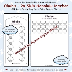 Juego de 24 rotuladores Ohuhu Skin Honolulu (antiguo) + Juego solo para Europa - Muestrario de colores: Nube + Cuadrícula - Tamaños DIN A4 + Carta EE. UU. - Descarga instantánea