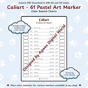 Caliart 61 Pastel Art Marker Color Swatch Chart – Table Design - DIN A4 + US Letter Sizes - Instant Download