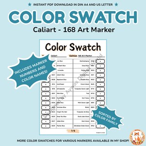 Caliart 168 Art Marker Color Swatch Chart – Diseño de mesa – PDF imprimible – Tamaños A4 y carta de EE. UU. - Descarga instantánea