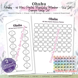 Rotuladores Ohuhu 48 Pastel Honolulu (Set antiguo + Set solo para Europa) | Muestras de color | Nube + Cuadrícula | PDF imprimible | DIN A4 y Carta estadounidense