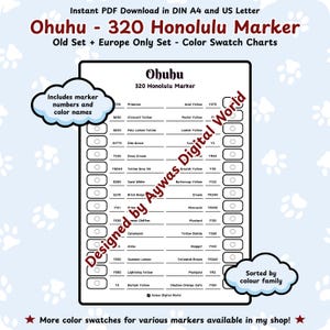 Ohuhu 320 Honolulu Markers Old Set + Europe Only Set - Color Swatch Chart – Table Design - DIN A4 + US Letter Sizes - Instant Download