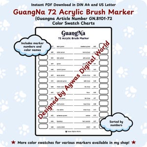 Muestrario de colores del marcador acrílico GuangNa 72 (GN.8101-72) – Diseño de mesa - Tamaños DIN A4 y Carta (EE. UU.) - Descarga instantánea