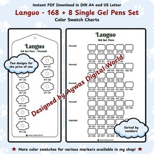 Languo 168 + 8 single Packs Gel Pens Collection Color Swatch Chart – Cloud + Grid Design - DIN A4 + US Letter Sizes - Instant Download