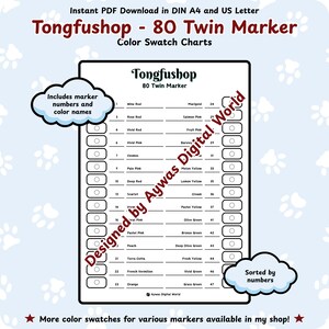 Tongfushop 80 Twin Markers Color Swatch Chart – Table Design - DIN A4 + US Letter Sizes - Instant Download