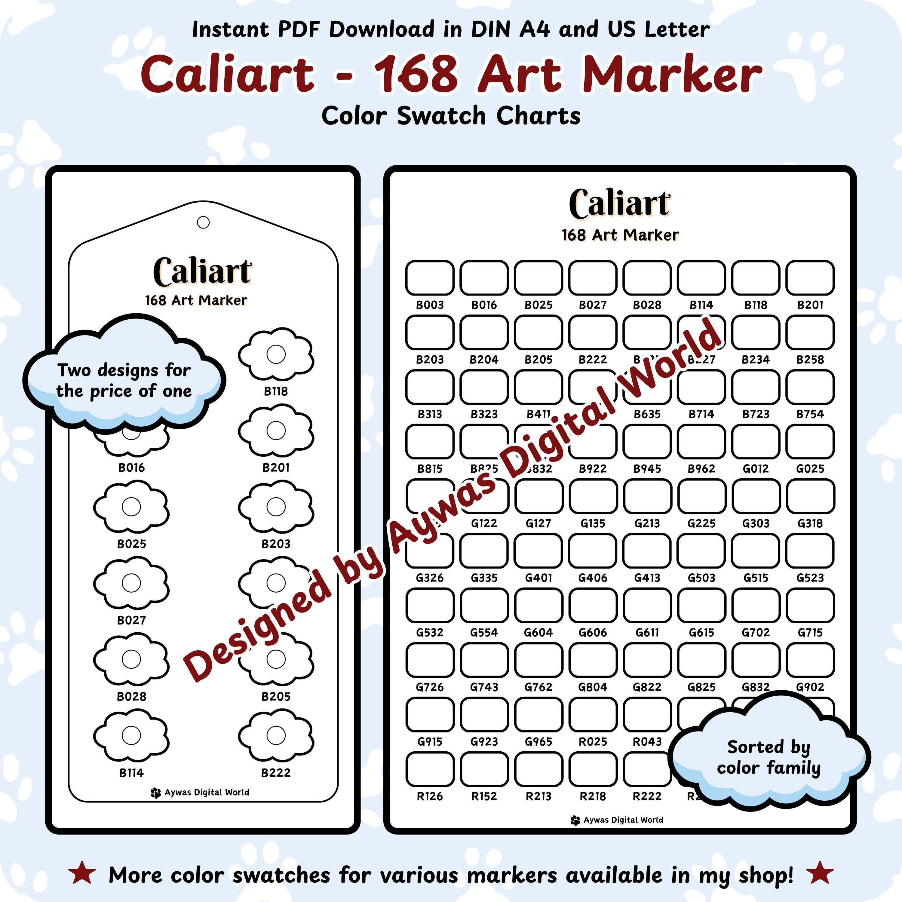 Caliart 168 アートマーカー カラースウォッチチャート - クラウド + グリッドデザイン
