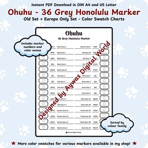 Ohuhu 36 grijze Honolulu markers (oude set + set alleen voor Europa) - Kleurenkaart - Tafelontwerp - DIN A4 + US Letter formaten - Direct downloaden