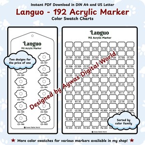 Könnte beinhalten: Zwei Farbmusterkarten für Languo 192 Acrylmarker. Die Karten sind mit Farbcodes beschriftet und nach Farbfamilien geordnet. Das Design enthält den Text "Zwei Designs zum Preis von einem" und "Weitere Farbmuster für verschiedene Marker in meinem Shop erhältlich!"