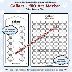 Caliart 180 Art Marker Color Swatch Chart – Cloud + Grid Design - DIN A4 + US Letter Sizes - Instant Download
