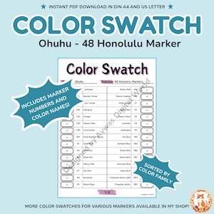 Ohuhu 48 ホノルル マーカーの色見本表 – テーブル デザイン – 印刷可能な PDF – A4 および US レター サイズ – インスタント ダウンロード
