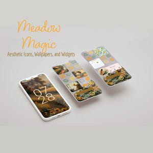 May include: Three mockups of a smartphone with a meadow and sunflower themed aesthetic. The phone displays a calendar, a clock, and a photo of a meadow with a house in the distance. The text "Meadow Magic" and "Aesthetic Icons, Wallpapers, and Widgets" is displayed above the mockups.