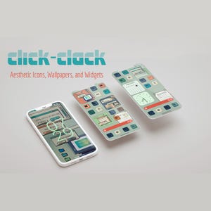 May include: Three screenshots of a smartphone displaying a custom home screen with a retro aesthetic. The home screen features a green and blue color scheme with icons and widgets that resemble a vintage computer interface. The text "click-clack" is displayed at the top of the image.