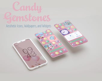 Iconos de aplicaciones para iOS, Android y tabletas con estética pastel y piedras preciosas de caramelo, y fondos de pantalla y widgets con pinturas abstractas y degradadas