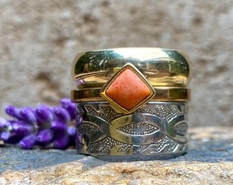 Repurposed Stackable Gold, Coral, and Sterling Silver Band