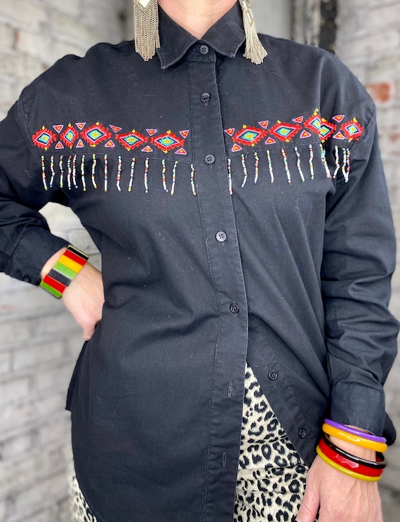 Vintage Southwestern Embroidered Beaded Button Up - image 2